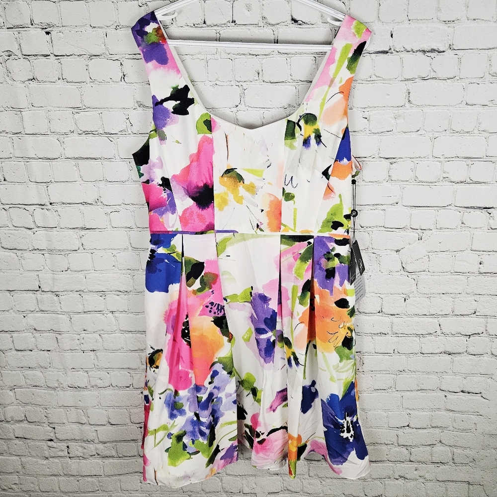 ADRIANNA PAPELL | sleeveless fit-and-flare floral pleated dress